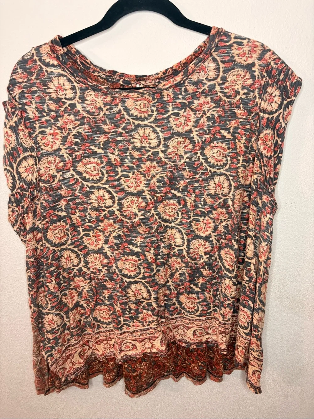 Free People Boho Floral Short Sleeve Top in Rust, Cream, and Gray-132